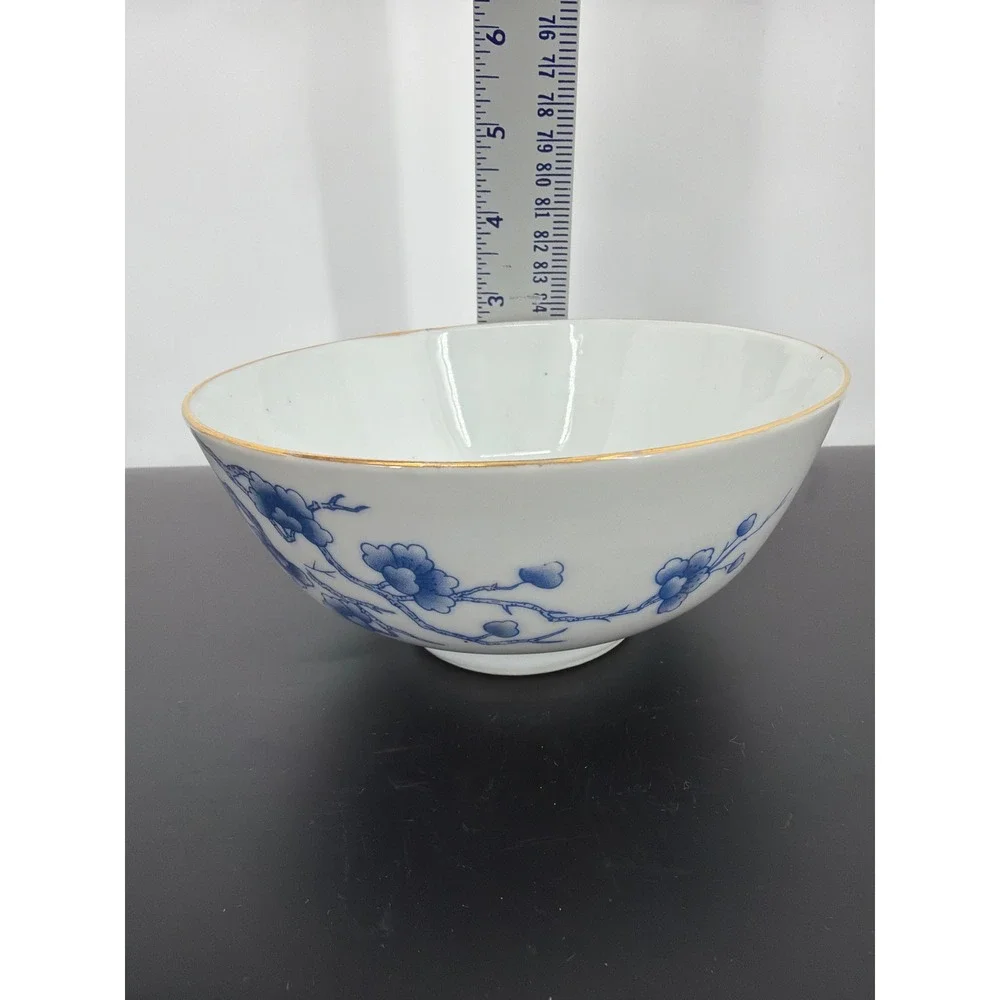 Vintage Blue White Porcelain Cherry Blossom Butterfly Bowl Gold Rim Footed‎ 6in